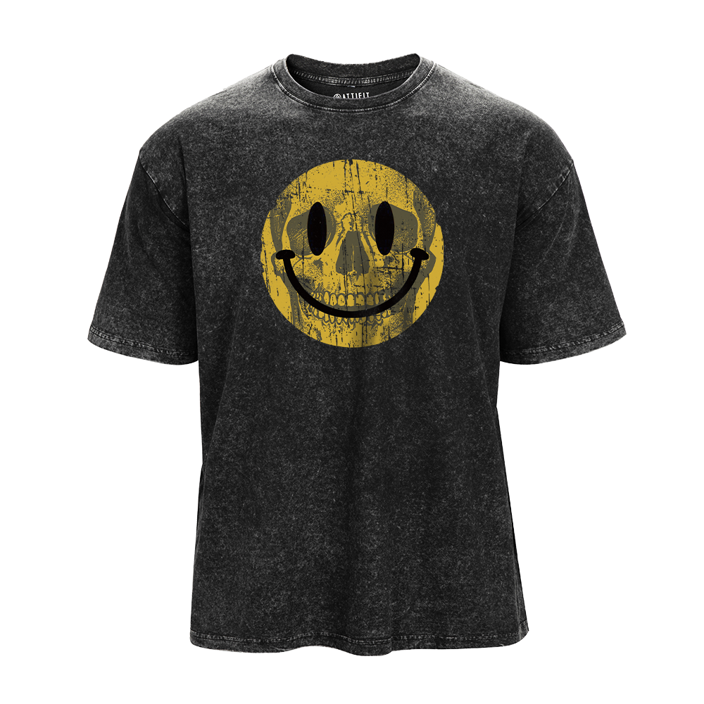 Yellow Skull Smiley Face Washed T-Shirt