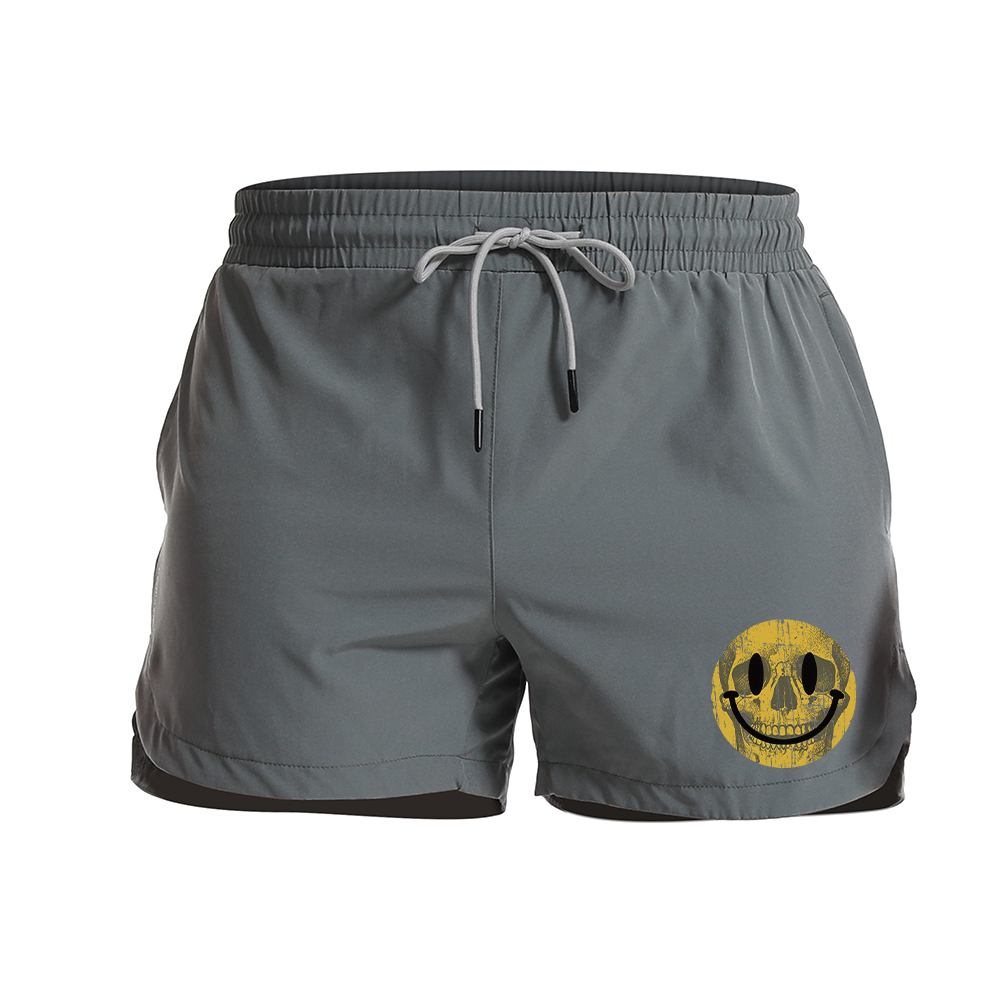 Yellow Skull Smiley Face Graphic Shorts