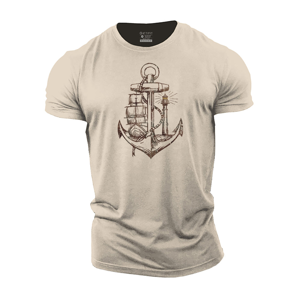 Sailing Ship and Lighthouse Cotton T-Shirt