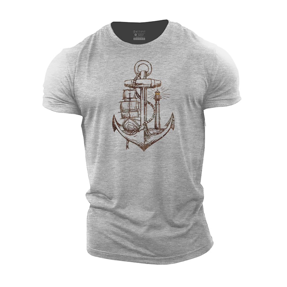 Sailing Ship and Lighthouse Cotton T-Shirt