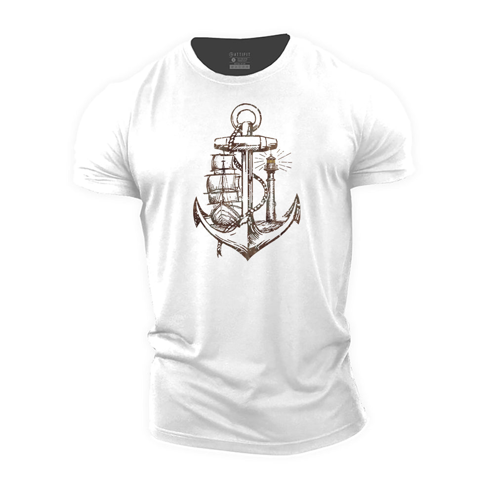 Sailing Ship and Lighthouse Cotton T-Shirt