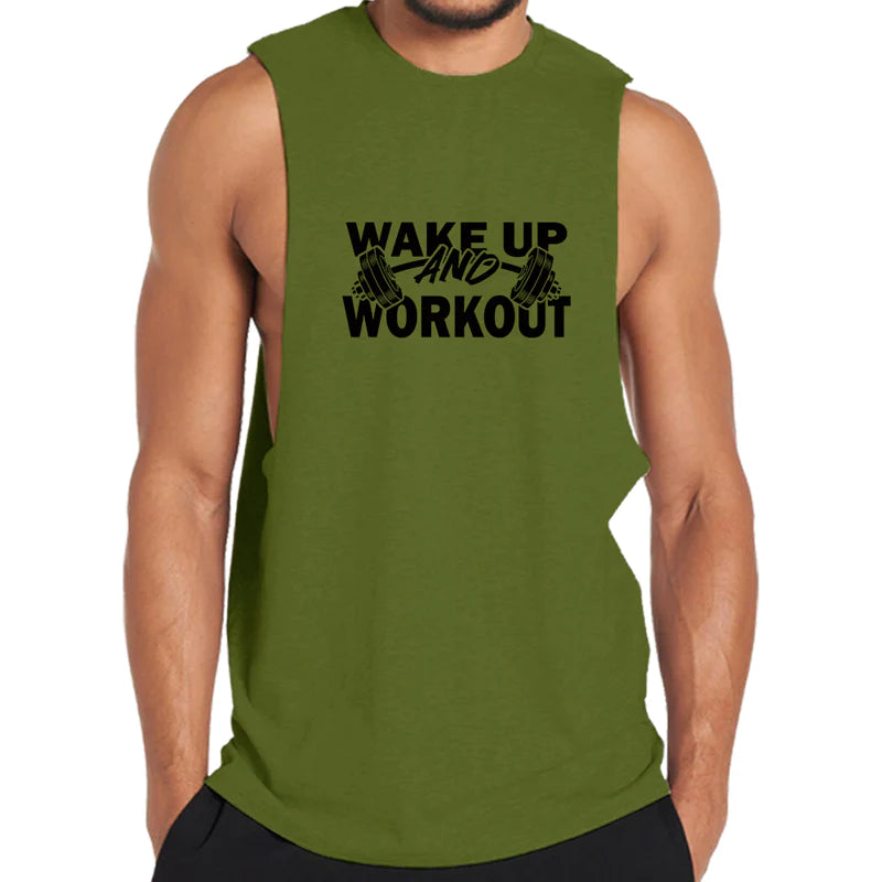 Baumwoll-Tanktop mit Grafik „Wake Up And Workout“.