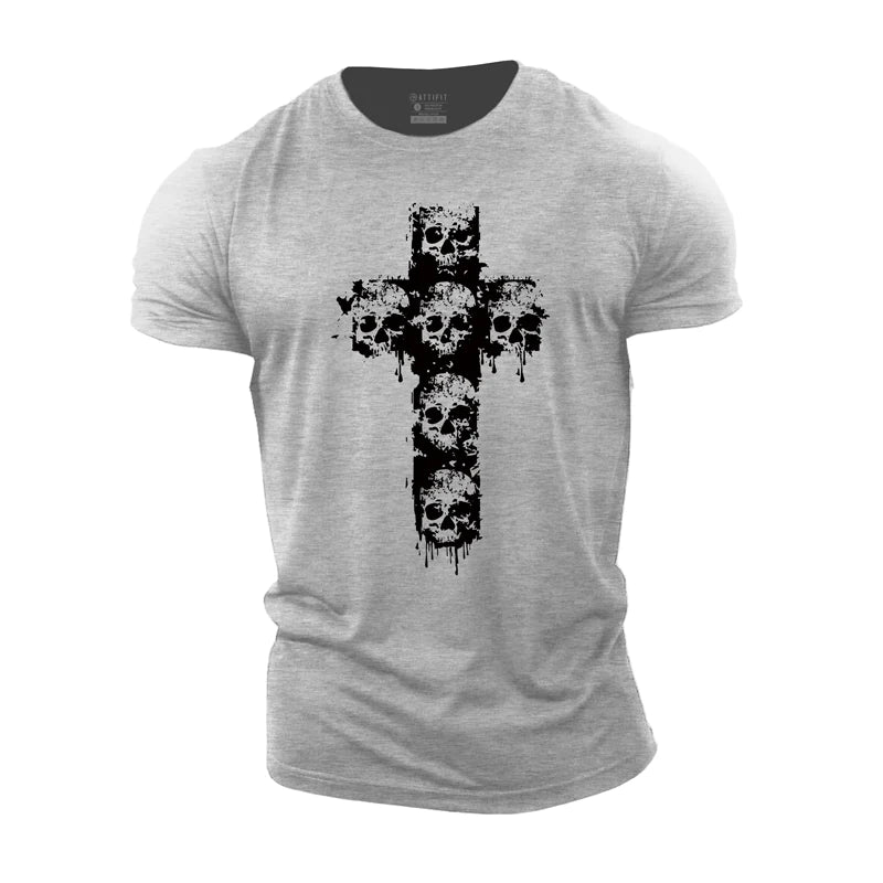 Herren-Fitness-T-Shirts mit Totenkopf-Kreuz-Motiv aus Baumwolle