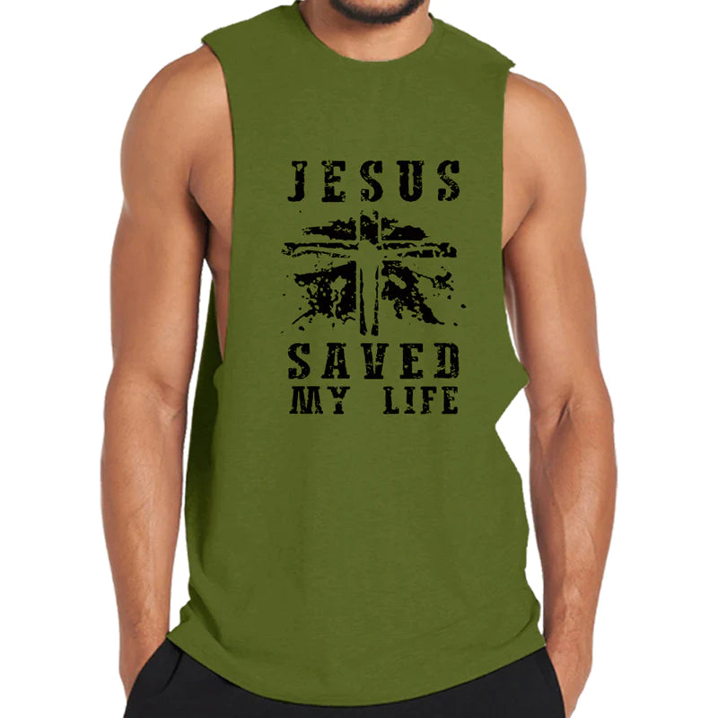 Baumwoll-Tanktop mit Grafik „Jesus Saved My Life“.