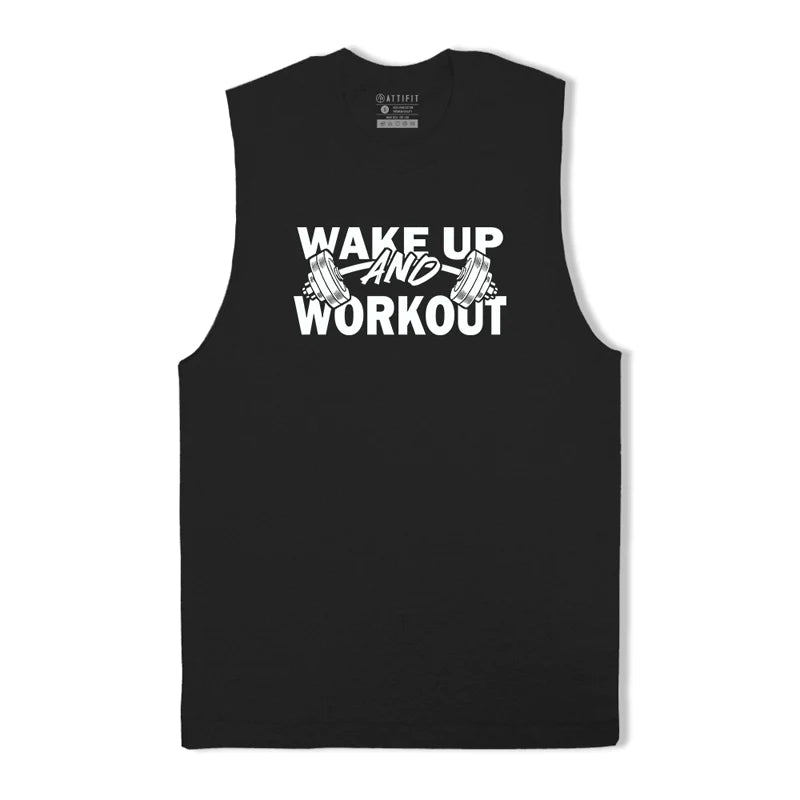 Baumwoll-Tanktop mit Grafik „Wake Up And Workout“.