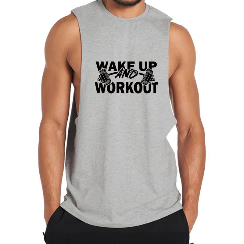 Baumwoll-Tanktop mit Grafik „Wake Up And Workout“.