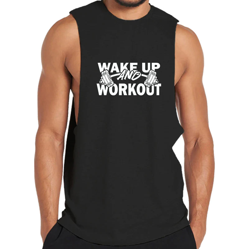 Baumwoll-Tanktop mit Grafik „Wake Up And Workout“.